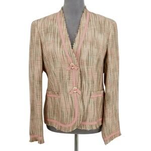 Kasper Jacket Petites 12P Beige Pink Tweed Blazer Snaps Pockets Lined Collarless